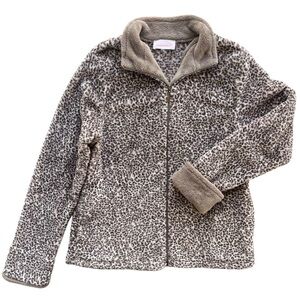 Stan Herman Women’s L Brown Tan Leopard Print Plush Teddy Fleece Full Zip Jacket